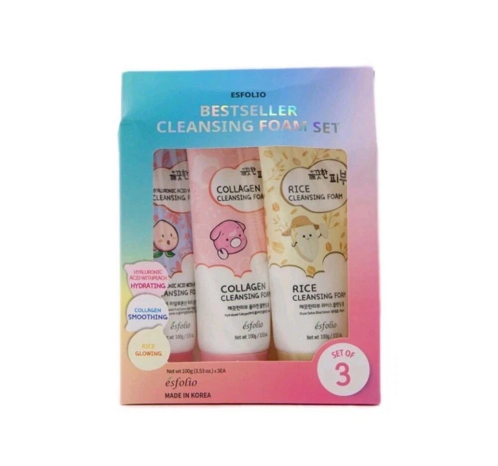 New 3PC Box Set Korean Esfolio Cleansing Foam + Collagen + Rice .2.6oz
